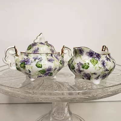 VTG Lefton China Violet Chintz Sugar & Creamer Set 3  Lid NE794V Spring Decor • $19.99