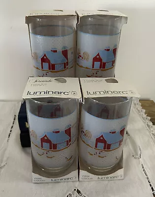 Vtg LUMINARC Frosted FARM Drinking Glasses Chicken Cow Sheep Barn Granny Core • $28