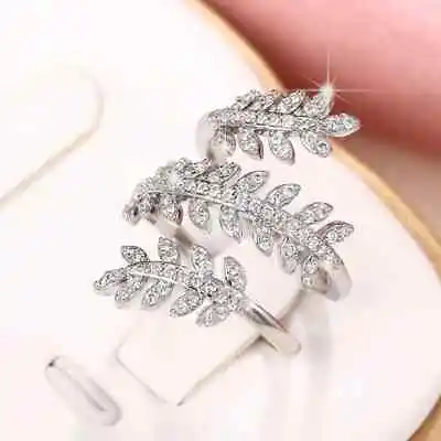 925 Sterling Silver Micro Paved Lab Created Diamond Trendy Leaf Rings For Women • $17.83