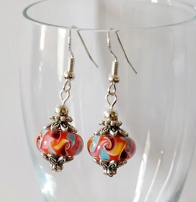 Red Blue Pink European Murano Glass Lampwork Earrings 925 Sterling Silver Hook • $14.98