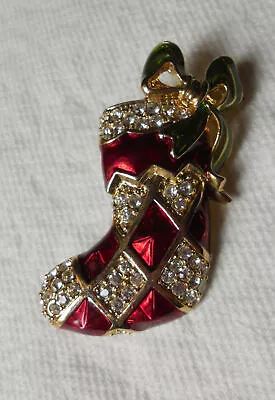 Vintage Monet Crystal And Enamel Christmas Stocking Pin Brooch • $25