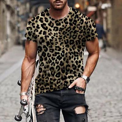 Men's Casual Street Leopard Print Round Neck Short Sleeve Summer  T-shirt Top • $14.04