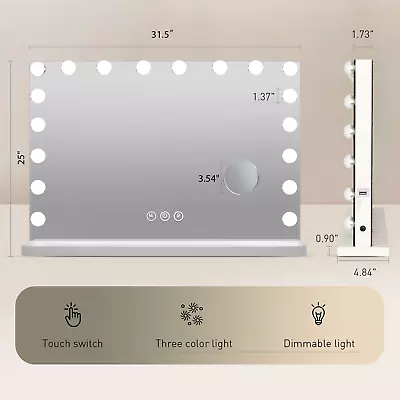 Large Hollywood Vanity Mirror Makeup W/ 3 Lights Dimmable 18 LED Bulbs USB 32 In • $109.19