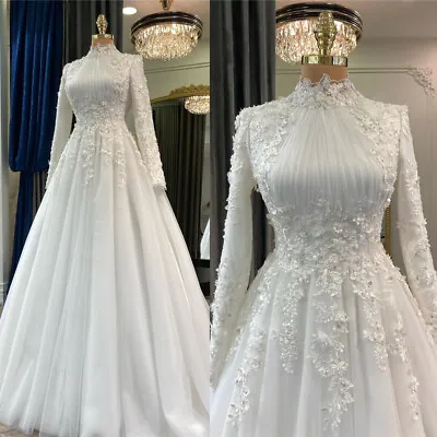 White Muslim Wedding Dresses Long Sleeves Lace Applique High Neck Bridal Gowns • $158.90