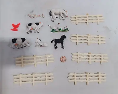 Vintage Farm Animals Cow Horse Chicken Ducks And White Fence Pieces • $13.96