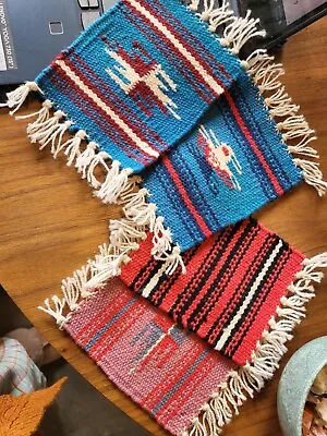 4 X Vintage Zapotec Wool Rug Approx 8  X 5” Tabletop Coaster Rug Mats  • $18