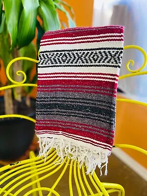 Authentic RED Mexican Falsa Blanket Hand Woven Yoga Mat Blanket 72  X 49  • $28