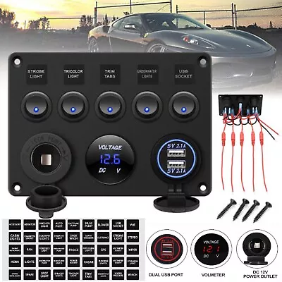 5 Gang Blue LED Rocker Switch Panel Breakers Dual USB Car Marine Boat RV 12V AUS • $51.99