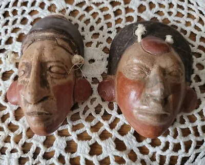 2 Vintage Aztec Mayan Inca Tribal Wall Face Mask Red Clay Pottery Hand Painted  • $14.88
