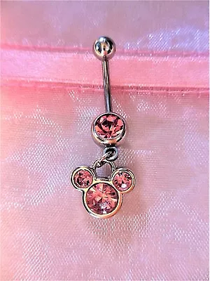 NEW Disney World Mickey Minnie Mouse Pink Crystal Charm On Steel Belly Bar  • £28.95