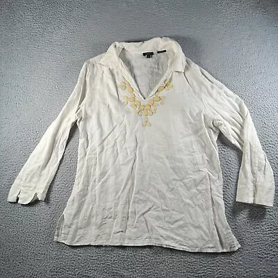 Talbots Blouse Womens Large White V Neck 100 Linen Beaded Collared 3/4 Sleeve • $18.95