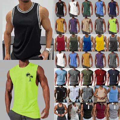 Mens Muscle Tank Tops Summer Hawaiian Training Workout Gym Fitness Vest T-Shirt • £10.59