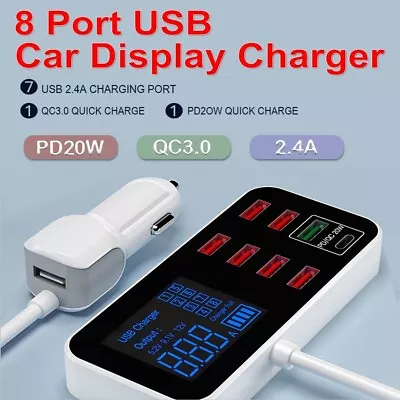 8 Ports 12V Car QC 3.0 USB C Fast Charger Phone USB Charger Station LCD Display • $27.49