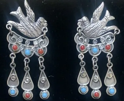 Mexican Sterling Silver Turquoise Coral Baroque Matl Style Dove Bird Earrings • $159