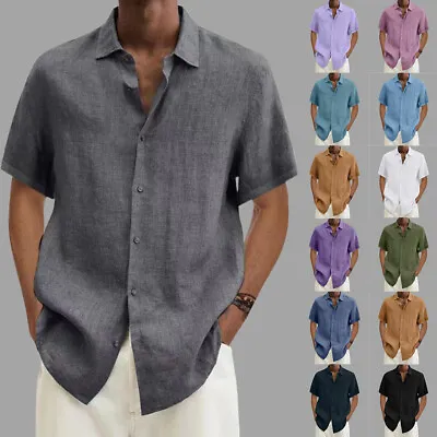 Mens Summer Button Up Shirts Solid Short Sleeve Formal Work Casual Tops M-5XL • £10.59