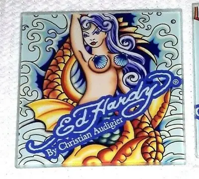 Ed Hardy Mermaid & Koi Fish Glass Coasters By Christian Set Of 4 • $20.69