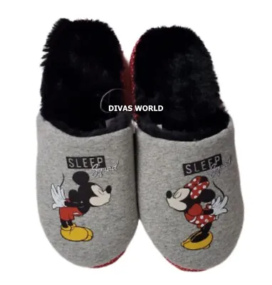 Disney Mickey Minnie Slippers Women's Grey Indoor Slip On Mules NEW UK Size 3-8 • £18.71