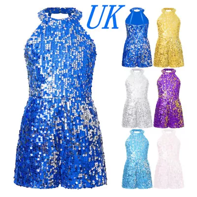 UK Kids Girls Halter Neck Leotard Sequins Jumpsuit Romper Prom Party Dancewear • £6.32
