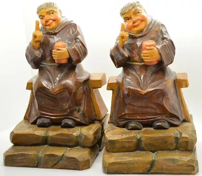 Vintage Large Anri Carved Wood Bookends Friar Tuck Drinking Monks Folk Art • $149.99