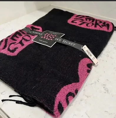 $22 • Buy Victoria Secret PINK Blanket Black Hearts Knit Throw 50”x 60” Tassles 2018 *NEW*