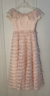 Vintage Nadine Dress Gown 1950s 1960s Prom Pink Ruffled Union Made In USA  • $160