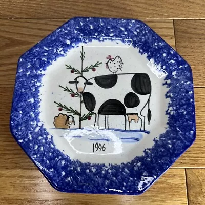 MOLLY DALLAS Blue Spatter Ware 6.75 Inch Octagonal Plate 1996 Cow Lamb Hen • $14.40