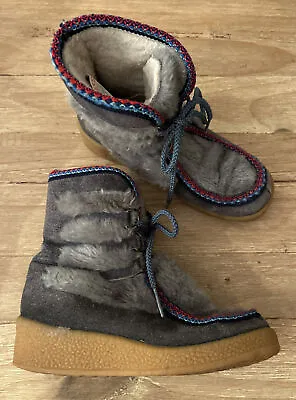 Women’s Vintage Yodelers Boots Faux Fur Sherpa Suede Size 5 USA Made Gray • $45