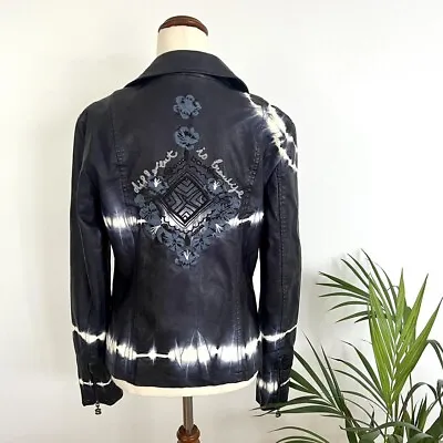 Desigual Selva Embroidered Tie Dye Faux Leather Biker Jacket • Navy / White Sz10 • $100