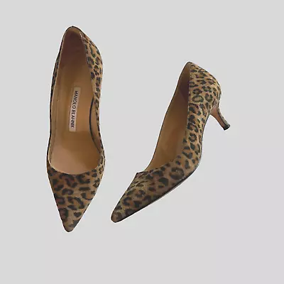 Manolo Blahnik Leopard Leather Suede Kitten Heel Italian 36 US 6 • $96