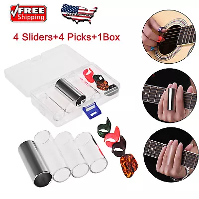 Guitar Slides Set Glass Slides Stainless Steel Slide Thumb Finger Picks Box Kit • $10.69
