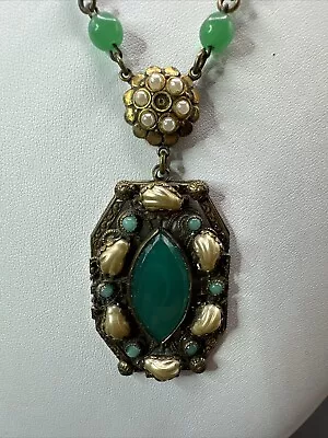 Vintage Art Deco Nouveau Peking Glowing Glass Pearl Shells Czech  Necklace • $185