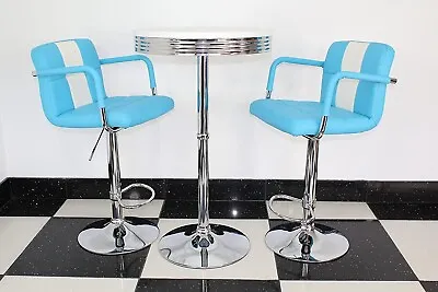 American 50s Diner Furniture Round Bistro Table And 2 Blue Stools With Arms • £239.95