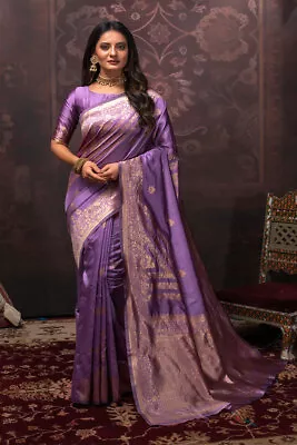 $57 • Buy Designer Wedding Banarasi Silk Lavender Saree With Blouse Bollywood Style Sari