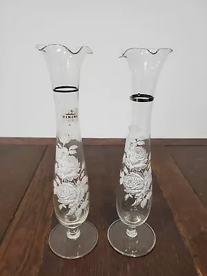 Two Vintage Viking Glass Clear Vases Flower Pattern Silver Trim • $10