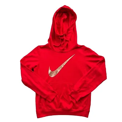 Nike Sportswear Club Fleece Hoodie Mens Sz M Funnel Neck Anorak Red Gold Swoosh • $18.99