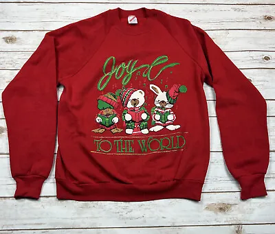 Vintage Jerzees 80s Christmas Sweatshirt Size  L 42/44  JOY TO THE WORLD BUNNY • $32.49