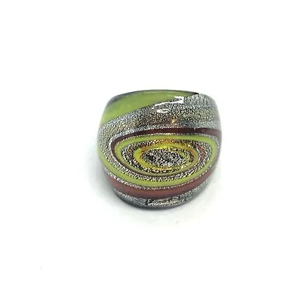 Murano Style Glass Ring Art Glass Swirl Universe Domed Green Black Sz 3.25 • $20