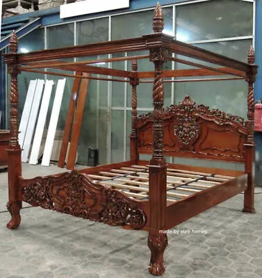 BESPOKE 6' Super King 181x201 Mahogany  Wood French Rococo Style Four Poster Bed • $3081.64