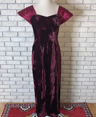 Vintage 1980s Burgundy Velvet & Satin Long Evening Gown Back Bow Sz Medium Retro • $60