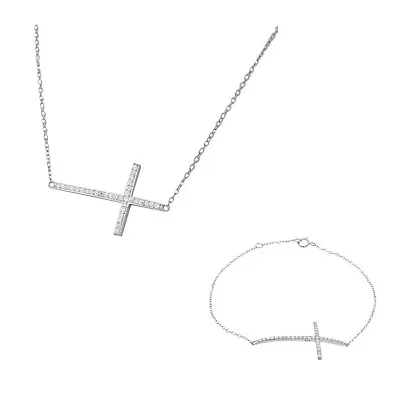 925 Sterling Silver Sideways Cross Pendant Necklace Link Chain Bracelet Set • $39.99