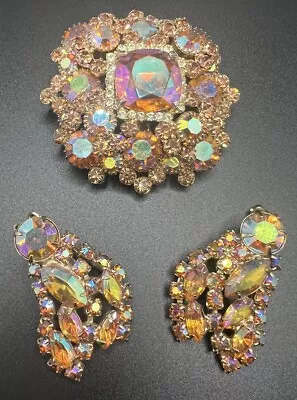 Brilliant Vintage Juliana D&E Brooch And Clip Earrings Topaz AB Rhinestones • $69.99