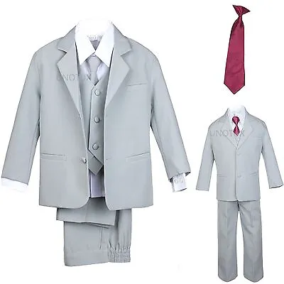 $45.98 • Buy New 6pc Extra Neck Tie + Boy Infant Toddler Light Silver Formal Suit Tuxedo S-20