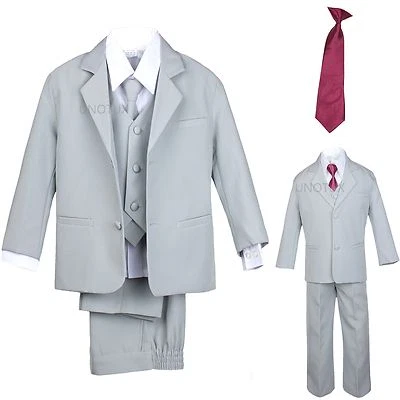 $45.98 • Buy New 6pc Extra Neck Tie + Boy Infant Toddler Light Silver Formal Suit Tuxedo S-20