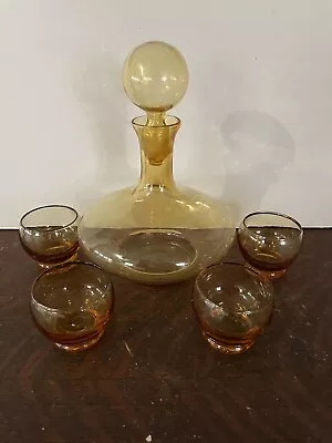 Vintage MCM Bohemia Amber & Gold Decanter Set W/4 Glasses And Amber Candle Holde • $25