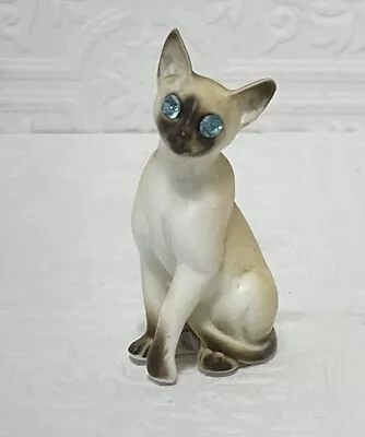 Siamese Cat Kitty Figurine TINY Miniature Vintage Kitschy Cat With Blue Gem Eyes • $59