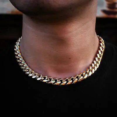 Miami Cuban Link Chain 1ct Diamond Clasp 18k Yellow Gold Heavy Necklace Choker • $109