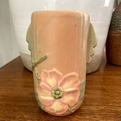 VTG Weller Wild Rose Vase Art Pottery 1930s Matte Pink Peach Double Handled • $23.97