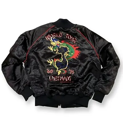 Vintage 1990 Vietnam World Tour Embroidered Black Satin Bomber Jacket Size - M • $99