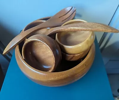 Vintage Hawaiian Wooden Black Monkey Pod 10 Piece Salad Bowl Set MCM  • $19.99