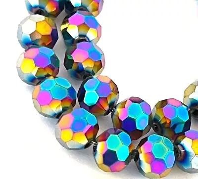 25 Metallic Peacock Rainbow Glass Faceted Round / Rocaille Beads 8mm • $4.50